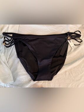 Victoria Secret Black Women's Bikini Bottoms with Side Ties Gold Hardware Sz L